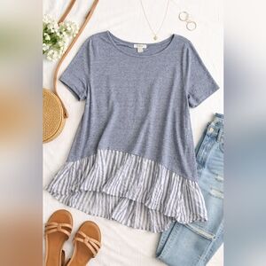 Umgee Blue Heather Knit Top with Striped Ruffle Hem